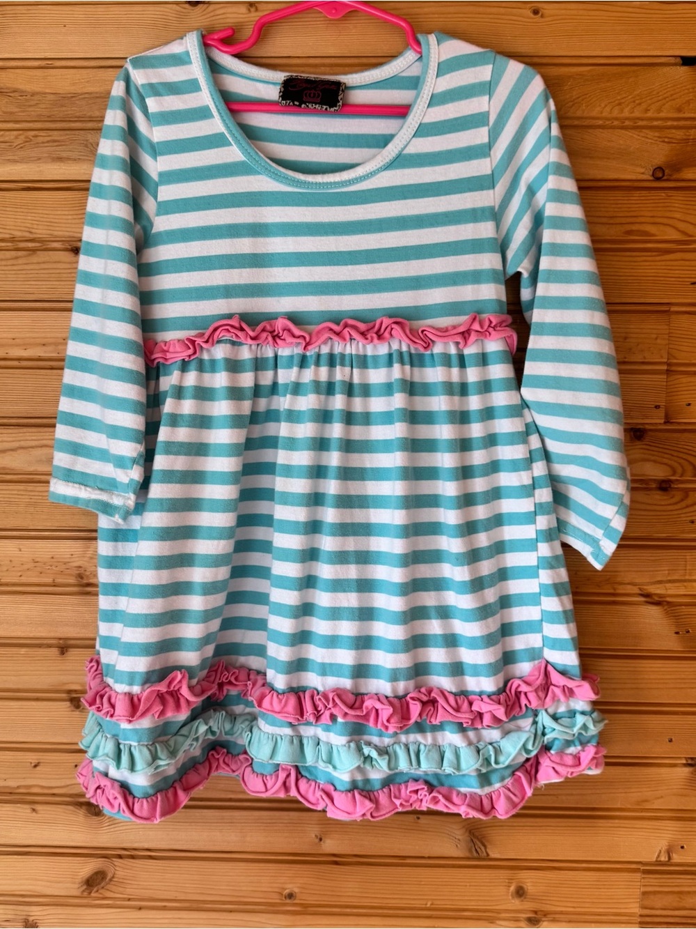 Royal Gem Girls' Aqua Stripe Ruffle Dress with Pink Accents Size 120/6X Cotton